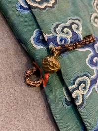 A Chinese embroidered turquoise-ground five-clawed dragon robe, 'jifu', 19th C.