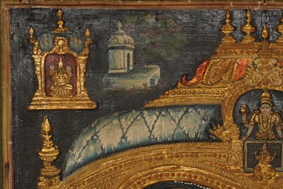 Thanjavur school, Zuid-India: Vishnu rustend op Ananta-Shesha, pigment en bladgoud op textiel, 19/20e eeuw