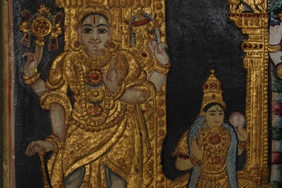 Thanjavur school, Zuid-India: Vishnu rustend op Ananta-Shesha, pigment en bladgoud op textiel, 19/20e eeuw