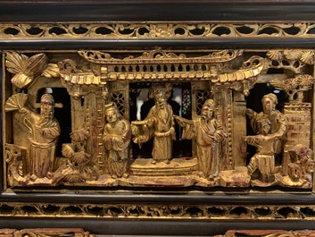 A Chinese Straits or Peranakan market gilded and lacquered wood altar box on stand and a table display, 19th C.