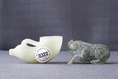 A Chinese jade deer rhyton cup and a spinach green jade pig, Han or later