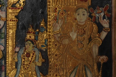 Ecole de Thanjavur, Inde du Sud: Vishnu reposant sur Ananta-Shesha, pigments et dorure sur tissu, 19/20&egrave;me