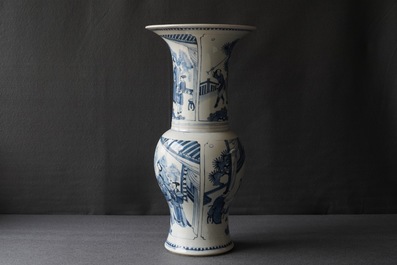 A Chinese blue and white yenyen vase with figures on a terrace, Kangxi