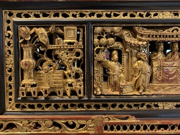 A Chinese Straits or Peranakan market gilded and lacquered wood altar box on stand and a table display, 19th C.