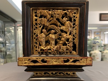 A Chinese Straits or Peranakan market gilded and lacquered wood altar box on stand and a table display, 19th C.