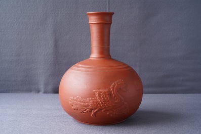 A yixing style red earthenware bottle vase, poss. Dutch Delftware, 18th C.