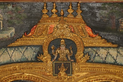 Thanjavur school, Zuid-India: Vishnu rustend op Ananta-Shesha, pigment en bladgoud op textiel, 19/20e eeuw