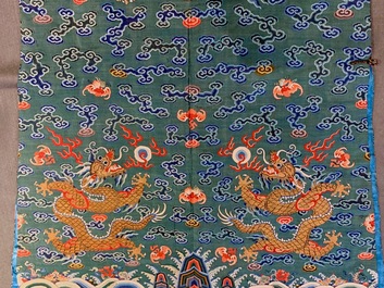 A Chinese embroidered turquoise-ground five-clawed dragon robe, 'jifu', 19th C.