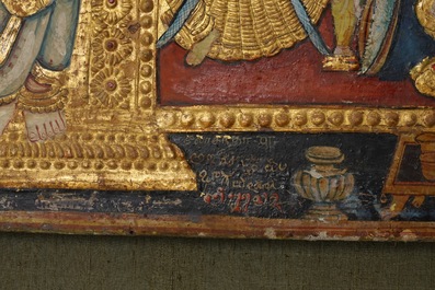 Ecole de Thanjavur, Inde du Sud: Vishnu reposant sur Ananta-Shesha, pigments et dorure sur tissu, 19/20&egrave;me