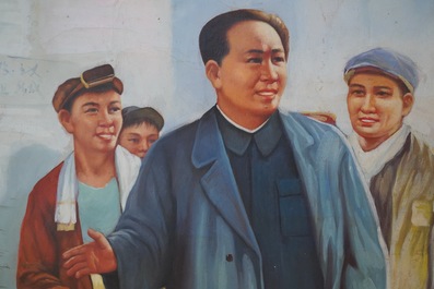Ecole chinoise de la R&eacute;volution Culturelle: Le pr&eacute;sident Mao parle &agrave; un groupe d'ouvriers, huile sur toile, 3&egrave;me quart du 20&egrave;me