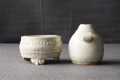 A small Chinese qingbai tripod censer and a water dropper, Song or Yuan