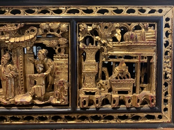 A Chinese Straits or Peranakan market gilded and lacquered wood altar box on stand and a table display, 19th C.