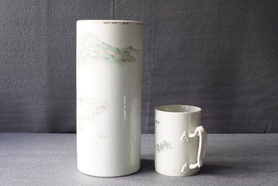 A Chinese qianjiang cai hat stand and a mug, signed Ren Huanzhang, 19th C.