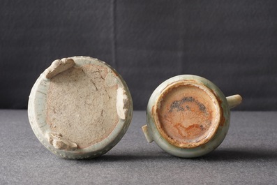 A small Chinese qingbai tripod censer and a water dropper, Song or Yuan