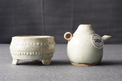 A small Chinese qingbai tripod censer and a water dropper, Song or Yuan