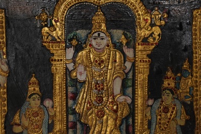 Ecole de Thanjavur, Inde du Sud: Vishnu reposant sur Ananta-Shesha, pigments et dorure sur tissu, 19/20&egrave;me