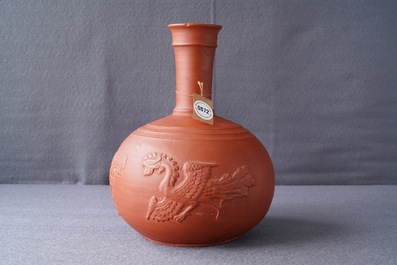 A yixing style red earthenware bottle vase, poss. Dutch Delftware, 18th C.