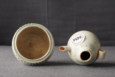 A small Chinese qingbai tripod censer and a water dropper, Song or Yuan