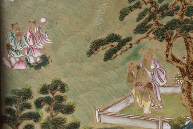 A large Chinese famille rose screen on hongmu stand, Qianlong