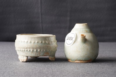 A small Chinese qingbai tripod censer and a water dropper, Song or Yuan