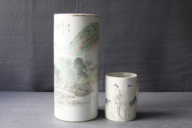 A Chinese qianjiang cai hat stand and a mug, signed Ren Huanzhang, 19th C.