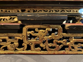 A Chinese Straits or Peranakan market gilded and lacquered wood altar box on stand and a table display, 19th C.