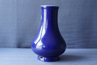 A Chinese monochrome 'sacrifical blue' pear-shaped vase, Yongzheng mark and of the period