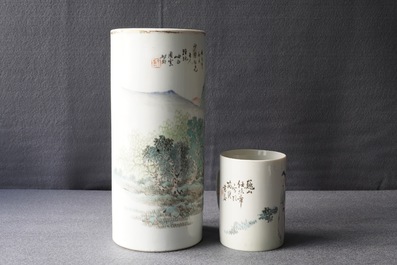 A Chinese qianjiang cai hat stand and a mug, signed Ren Huanzhang, 19th C.