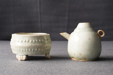 A small Chinese qingbai tripod censer and a water dropper, Song or Yuan