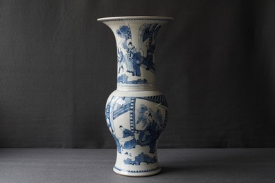 A Chinese blue and white yenyen vase with figures on a terrace, Kangxi
