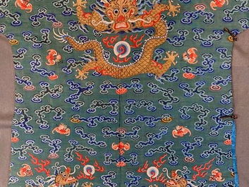 A Chinese embroidered turquoise-ground five-clawed dragon robe, 'jifu', 19th C.