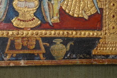 Ecole de Thanjavur, Inde du Sud: Vishnu reposant sur Ananta-Shesha, pigments et dorure sur tissu, 19/20&egrave;me