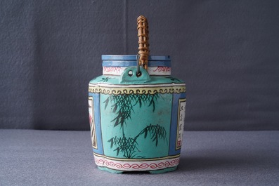 A Chinese enameled Yixing stoneware teapot and cover, 19th C.