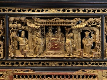 A Chinese Straits or Peranakan market gilded and lacquered wood altar box on stand and a table display, 19th C.