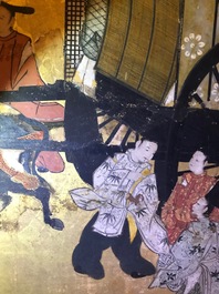 A Japanese two-fold painted byobu screen with travellers in a landscape, Edo, 17/18th C.