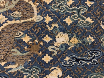 An uncut Chinese blue-ground five-clawed dragon robe, 19th C.