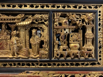 A Chinese Straits or Peranakan market gilded and lacquered wood altar box on stand and a table display, 19th C.