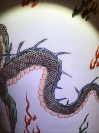 A Chinese famille verte inscribed 'dragon and phoenix' rouleau vase, Kangxi mark and of the period