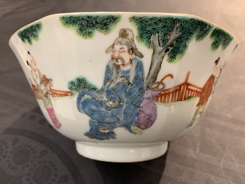A Chinese octagonal famille rose bowl with figures in a landscape, Daoguang mark and of the period