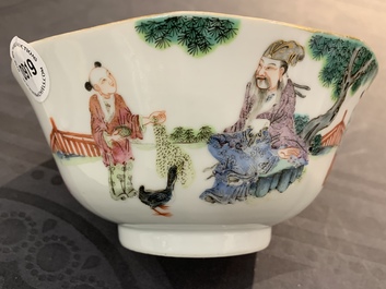 A Chinese octagonal famille rose bowl with figures in a landscape, Daoguang mark and of the period