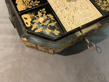 A Chinese black and gilt-lacquer covered box with handle, Canton, 19th C.