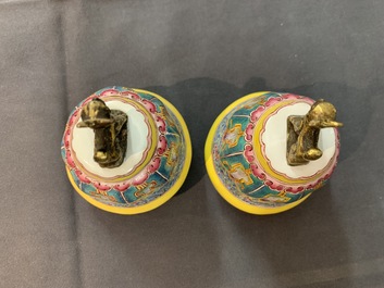 A pair of Chinese Islamic market Canton enamel ewers and covers, Qianlong/Jiaqing