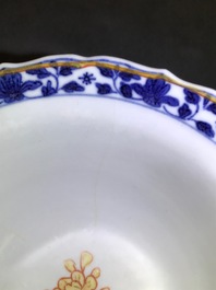 A Chinese blue, white and iron red bowl and cover on stand, Qianlong/Jiaqing