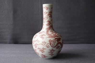 A Chinese underglaze red bottle-shaped 'dragon' vase, 19/20th C.