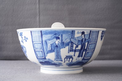 A Chinese blue and white bowl with floral and narrative panels, Kangxi mark and of the period