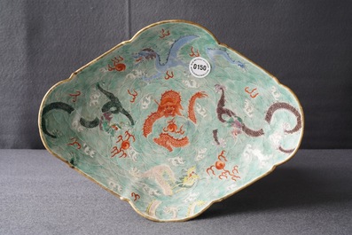 A Chinese imperial quatrefoil 'dragons' dish on foot, Jiaqing mark and of the period