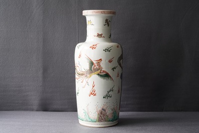 A Chinese famille verte inscribed 'dragon and phoenix' rouleau vase, Kangxi mark and of the period