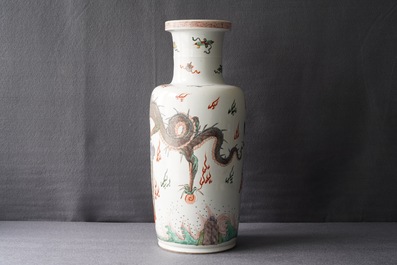 A Chinese famille verte inscribed 'dragon and phoenix' rouleau vase, Kangxi mark and of the period