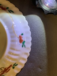 Six lobed Chinese famille verte cups and saucers with roosters among flowers, Kangxi