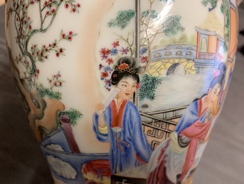 A fine Chinese famille rose meiping vase with bat handles, seal mark, Republic, 20th C.